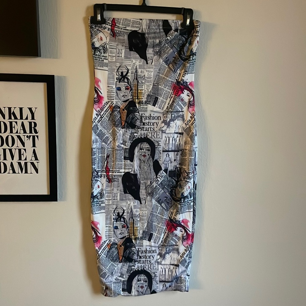 Newspaper print midi body con dress
